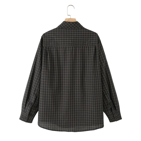 Women Cotton Plaid Shirt Long Sleeve Tie Neck Bowknot Loose Casual Button Down Check Blouse Elegant Tops