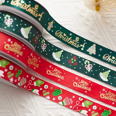 Cinta De Navidad Estampado Dorado Grosgrain Satin Organza Cintas Para DIY Envoltura De Regalo Lazos Decoracion De Arbol