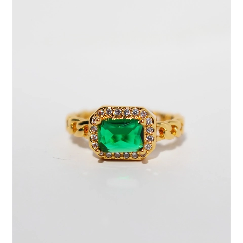 French Retro Brass Zirconia Open Ring Emerald Green Square Stone Chain Design Adjustable Fashion Jewelry For Women