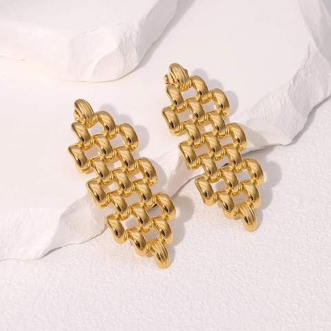 Geometric Hollow Out Earrings Stainless Steel Gold Plated Woven Chain Link Chic Minimalist Studs Jewelry For Women