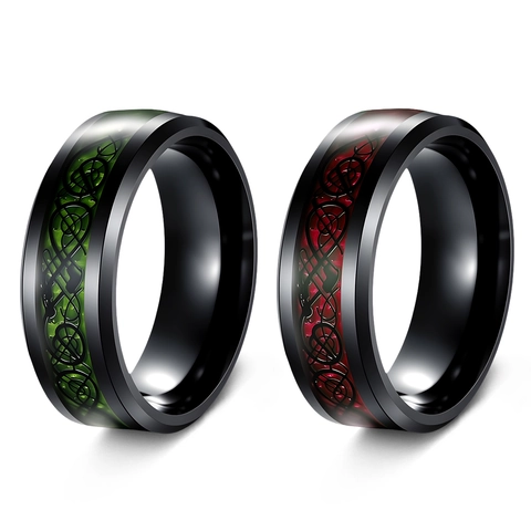 Anello In Acciaio Inossidabile 304 Nero Drago Celtico Intarsio In Fibra Di Carbonio Rossa Bordo Smussato Gioielli Punk Uomo