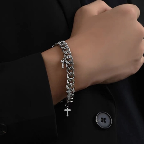 Titanium Steel Cuban Link Chain Bracelet With Cross Charms Polished Hip Hop Style Unisex Jewelry