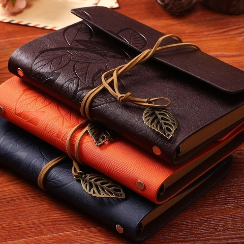 Cuaderno De Hojas Sueltas De Cuero PU Con Relieve De Hojas Vintage Retro A6 Papel Kraft Diario De Viaje Con Colgante