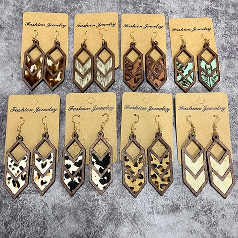 Pendientes Geométricos De Madera Y Cuero Genuino Estampado Leopardo Vaca Estilo Western Bohemio Vintage Para Mujeres