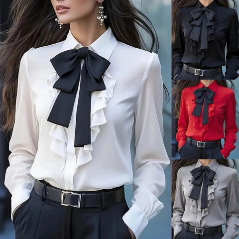 Women Elegant Long Sleeve Blouse Bow Tie Ruffle Design Solid Color Office Commute Polyester Satin Texture Shirt Top