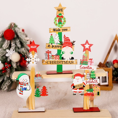 Ornement de Bureau en Bois de Noël Père Noël Bonhomme de Neige Gnome Bois Peint Table Arbre de Noël Étoile Décoration Festive Cadeau