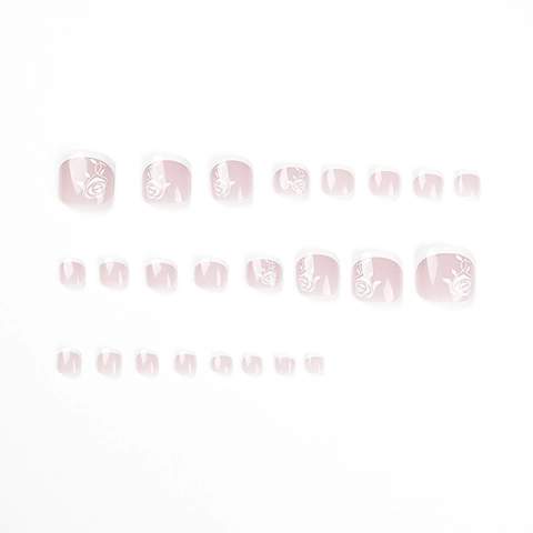 Press On Toenails French White Tip Rose Floral Pattern Nude Pink Artificial False Nails Detachable Resin Women
