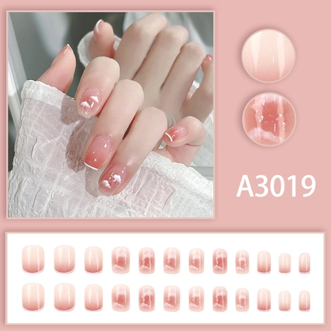 Press On Nails Pink Ombre Cloud Pattern French Tip Square Glossy False Nails For Women