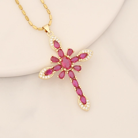 Collana Con Ciondolo A Croce Rame Placcato Oro 18K Micro Intarsiato Zircone Gemme Colorate Gioielli Religiosi Per Donne