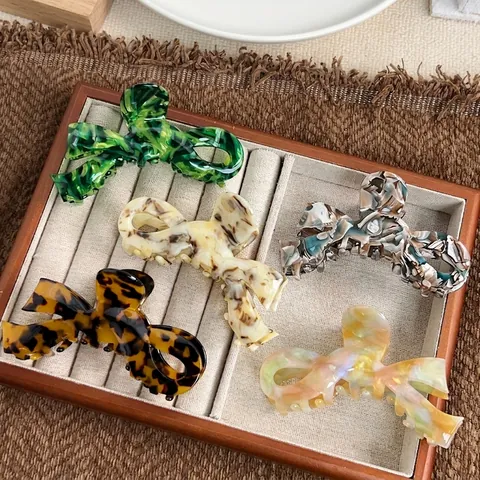 Large Acetate Hair Claw Clips Elegant Bow Knot Marble Tortoiseshell Pattern Nonslip Shark Clip For Women Girls