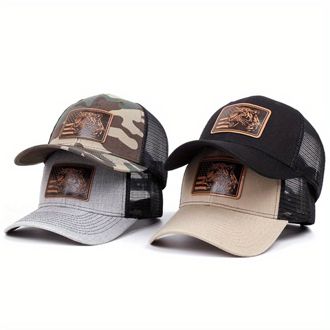 Trucker Hat Baumwolle Mesh Atmungsaktiv Outdoor Vintage American Style Baseball Cap Tiger Lederpatch Für Herren Damen
