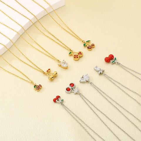 Stainless Steel Cherry Fruit Pendant Necklace For Women Cute Dainty Enamel Zircon Jewelry