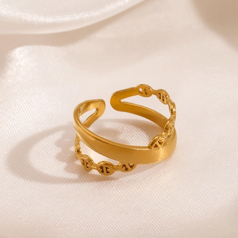 Adjustable Stainless Steel Ring Double Layer X Shape Anchor Chain Link 18K Gold Plated Minimalist Fashion For Women