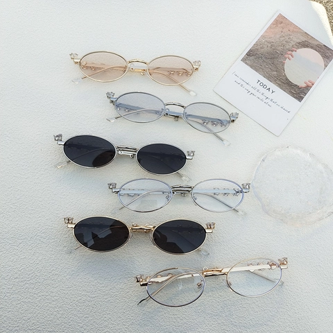 Retro Oval Sunglasses Metal Frame With Rhinestones Vintage Small Frame UV400 Eyewear For Women Men