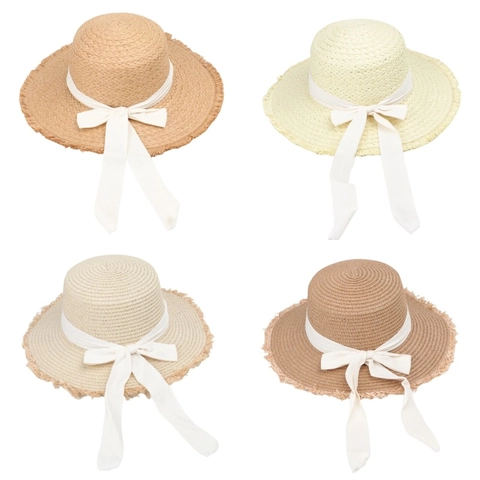 Cappello Paglia Donna Sole Tesa Larga Fiocco Bordo Sfilacciato Cupola Piatta Spiaggia Vacanza Estate Elegante Stile Boho