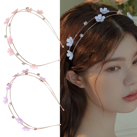 Double Layer Headband Alloy Rhinestone Faux Artificial Pearl Fabric Flower Hair Band Korean Sweet Floral Accessories For Women