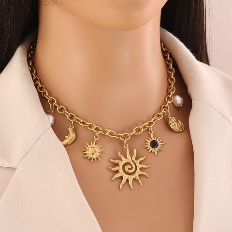 Collana Con Ciondoli Sole Luna Stella Bohémien Placcata Oro Acciaio Inossidabile Con Pendenti Di Künstliche Perle Gioielli Vintage Da Donna