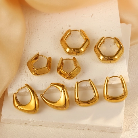 Pendientes De Aro Geométricos De Acero Inoxidable Chapados En Oro De 18K Retro Hexágono Triángulo Forma U Mujeres