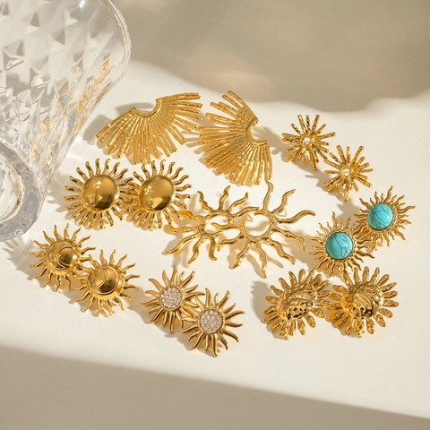 Sun Moon Ohrstecker Edelstahl 18K Vergoldet Zirkonia Türkis Böhmisch Vintage Schmuck Für Frauen Wasserdicht