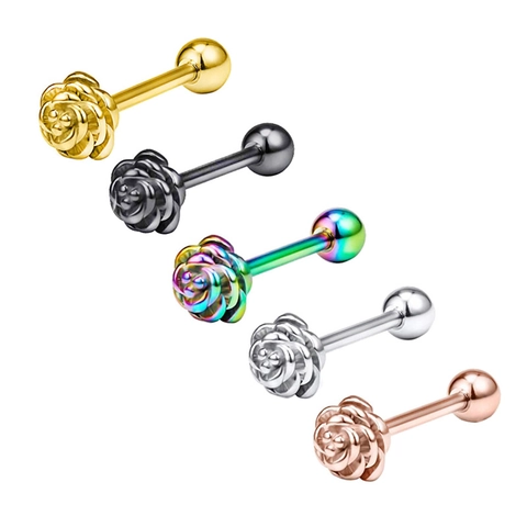 Stainless Steel Rose Flower Tongue Rings 3D Design External Thread Piercing Jewelry Vintage Style Body Decoration