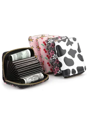 Accordion Card Holder PU Leather Zipper Coin Purse High Capacity Portable Floral Cow Print Crocodile Texture For Women