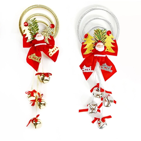 Christmas Bell String Hanging Ornaments Plastic Metal With Santa Claus Xmas Tree Pine Needle Ribbon Decor