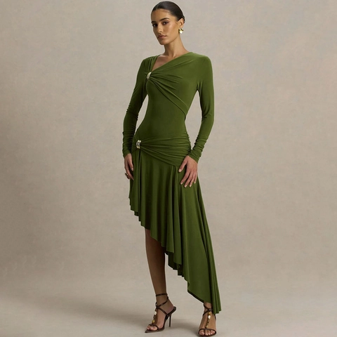 Sexy Nauwaansluitende Maxi Jurk Met Eén Schouder Voor Dames Elastisch Satijn Geplooid Lange Mouwen Asymmetrische Zoom