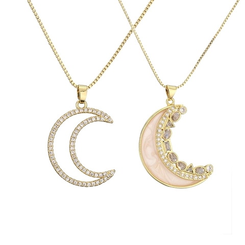 Fashion Gold Plated Copper Micro Pave Zirconia Heart Moon Planet Pendant Necklace Box Chain Romantic Women Jewelry Gift