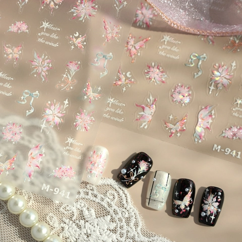 Laser Holographic Butterfly Floral Nail Art Stickers Aurora Thin Adhesive Decals For DIY Manicure Elegant Nail Decoration
