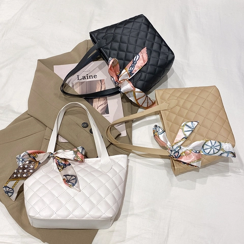 Women Quilted PU Leather Handbag Rhombus Pattern Small Tote Bag With Satin Scarf Elegant Chic Daily Purse