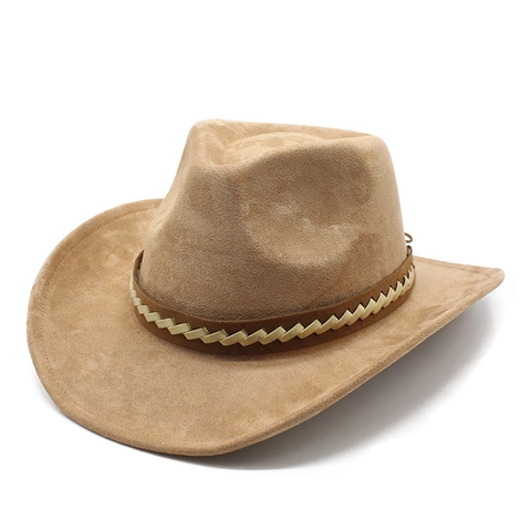 Western Cowboy Hat Suede Polyester Wide Brim Braided Band Adjustable Vintage Jazz Fedora For Men Women