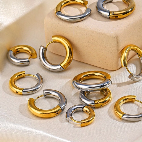 Chunky Hoop Ohrringe Edelstahl Zweifarbig Gold Silber Geometrisch Minimalistisch Trendy INS Stil Modeschmuck