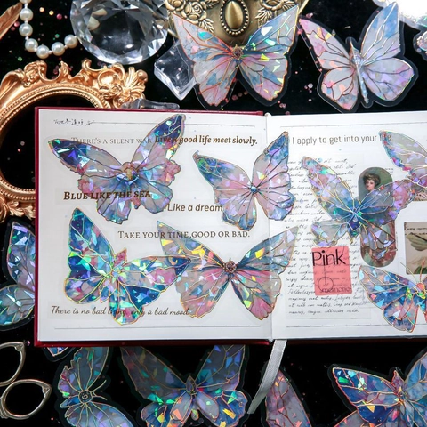Adesivi Farfalla PET Olografico Laser Stampa Oro Vintage Scrapbooking DIY Diario Decorazione