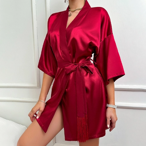 Women Short Satin Robe Imitation Satin Nightgown Half Sleeve V Neck Sleepwear With Tassels Waist Tie