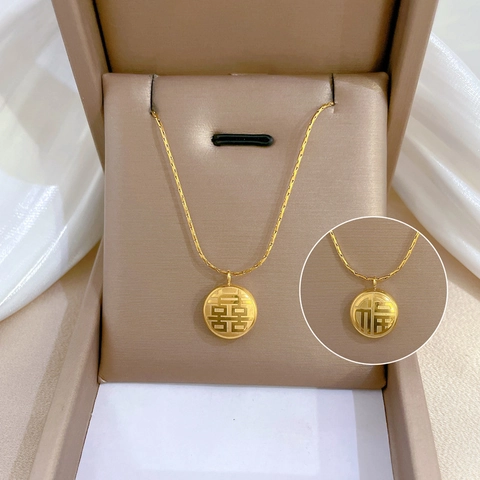 Collana Con Pendente In Acciaio Inossidabile Placcato Oro Disco Rotondo Doppia Faccia Fu Xi Benedizione Felicità Minimalista