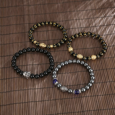 Beaded Bracelet Tiger Eye Stone Agate Obsidian Stainless Steel Buddha Head Six Character Mantra Retro Stretch Jewelry