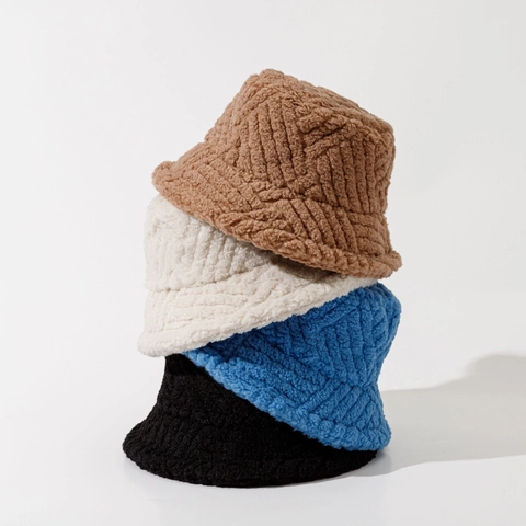 Cappello Bucket In Peluche Lana Di Agnello Inverno Caldo Rigato Pile Sherpa Elegante Versatile Antivento Morbido Donne