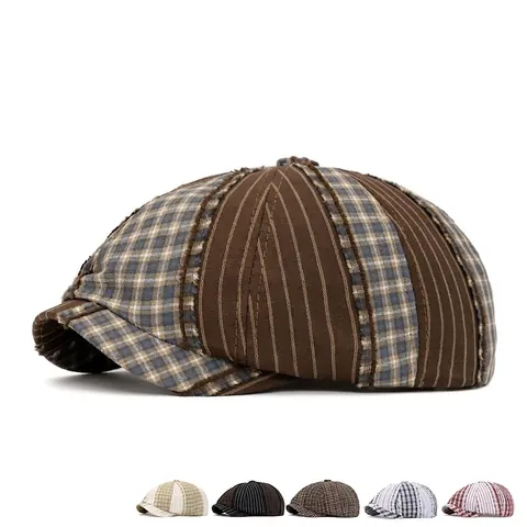 Berretto Newsboy Vintage Patchwork Quadri Righe Cotone Basco Regolabile Stile Britannico Parasole Unisex