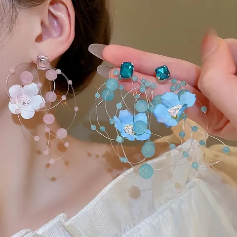 Orecchini A Nappa Con Fiori In Tessuto Perle Di Vetro E Perno In Argento Sterling 925 Per Donne Romantiche