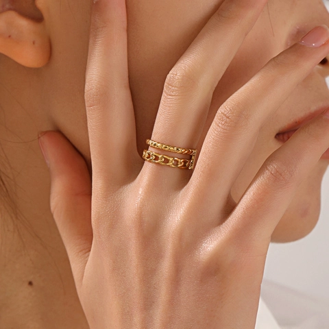 Anillo De Cadena De Doble Capa Chapado En Oro De 18K Acero Inoxidable Abierto Ajustable Cuerda Joyería Mujer