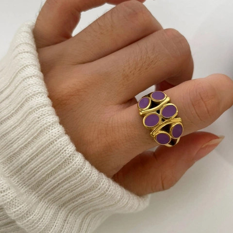 Stainless Steel Ring With 18K Gold Plating Purple Enamel Oval Geometric Retro Trendy Design For Women