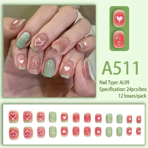 French Heart Pattern Press On Nails Sweet Mint Green Nude Short Square False Nails For Women And Students Fresh Ins Style