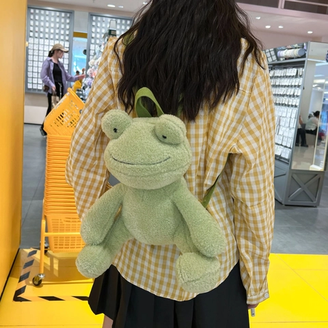 Green Frog Plush Backpack Cartoon Big Eyes Animal Shape Japanese Cute Fashion Casual Bag For Women And Girls
