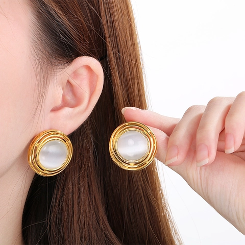 Vintage French Style Oval Stud Earrings Stainless Steel Cat's Eye Stone Metal Texture Wavy Design Fashion Jewelry Women