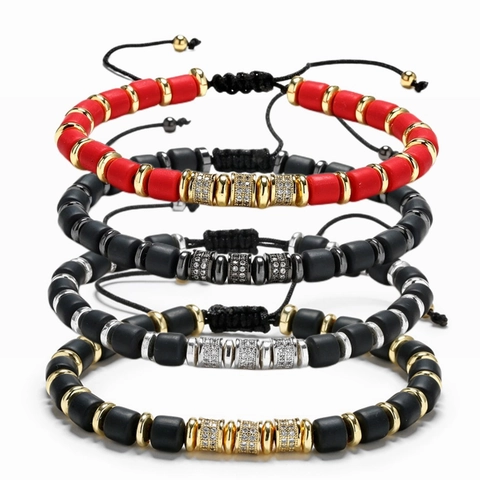 Beaded Woven Bracelet With Micro Pave Zirconia Copper Cylindrical Geometric Adjustable Trendy Jewelry For Men Women