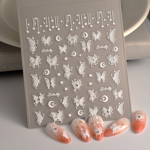 5D Relief Butterfly Flower Star Moon Nail Art Stickers Waterproof DIY Manicure Decals With Rhinestones For Women Nail Decor