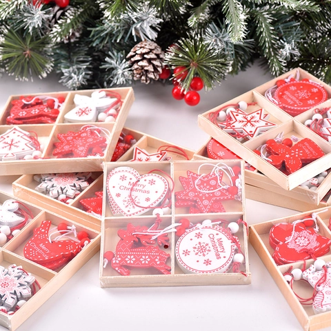 Christmas Wooden Hanging Ornaments DIY Tree Decoration Star Reindeer Bell Angel Heart Wood Red White Holiday Decor