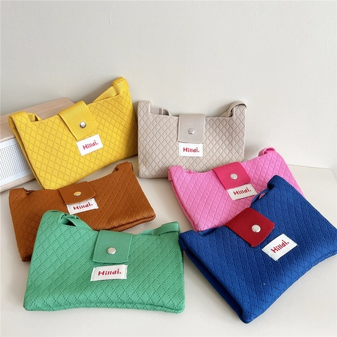 Women Knitted Crossbody Phone Bag Solid Color Rhombus Texture Magnetic Buckle Small Casual Minimalist Korean Style