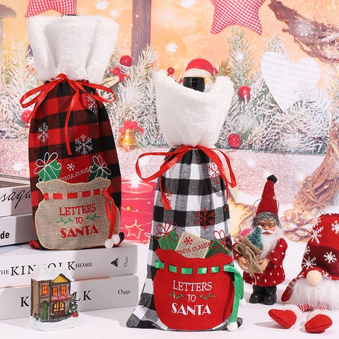 Christmas Wine Bottle Covers Plaid Fabric With Faux Fur Collar Embroidery Festive Party Table Dinner Decoration
