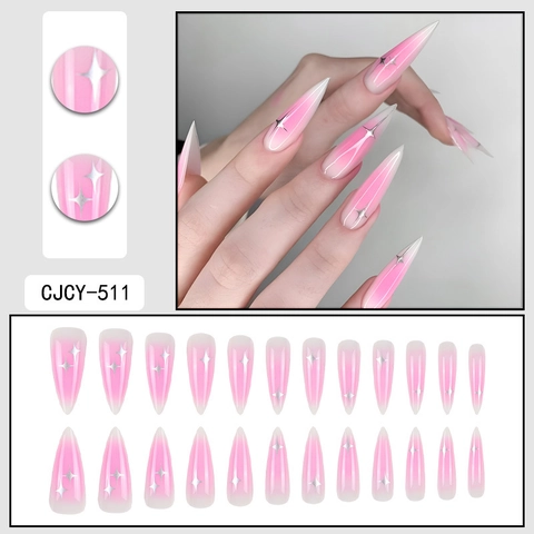 Ongles À Presser Stiletto Dégradé Rose Étoile Argentée Longs Faux Ongles Brillants